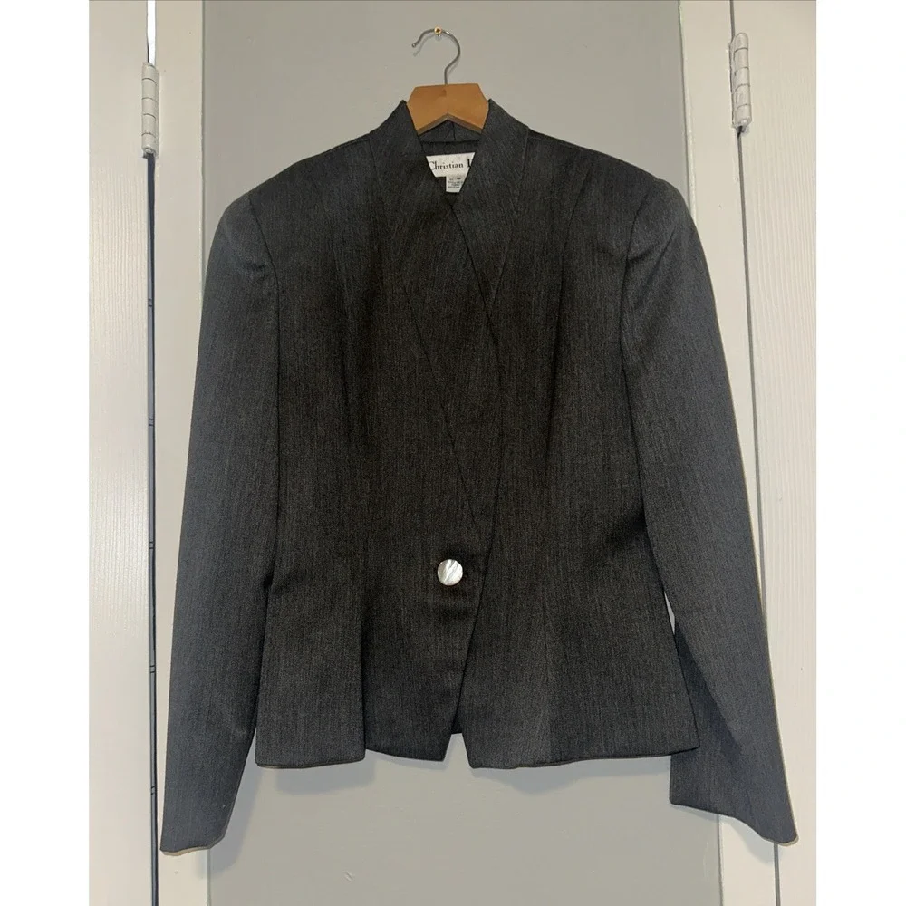 Vintage Christian Dior Gray Structured Power Shoulder Wool Blazer Jacket Sz 8